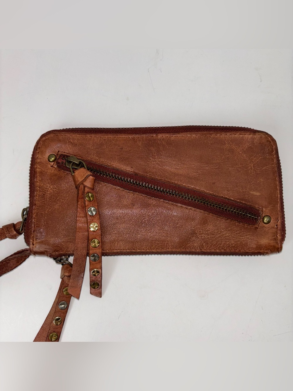 Free People Cognac Goat Leather Distressed Zip-Around Wallet Boho Hippie Chic